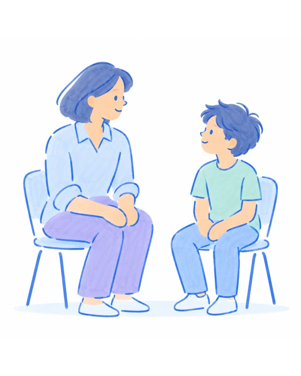Minimal marker-style illustration of an educator and child having a calm conversation