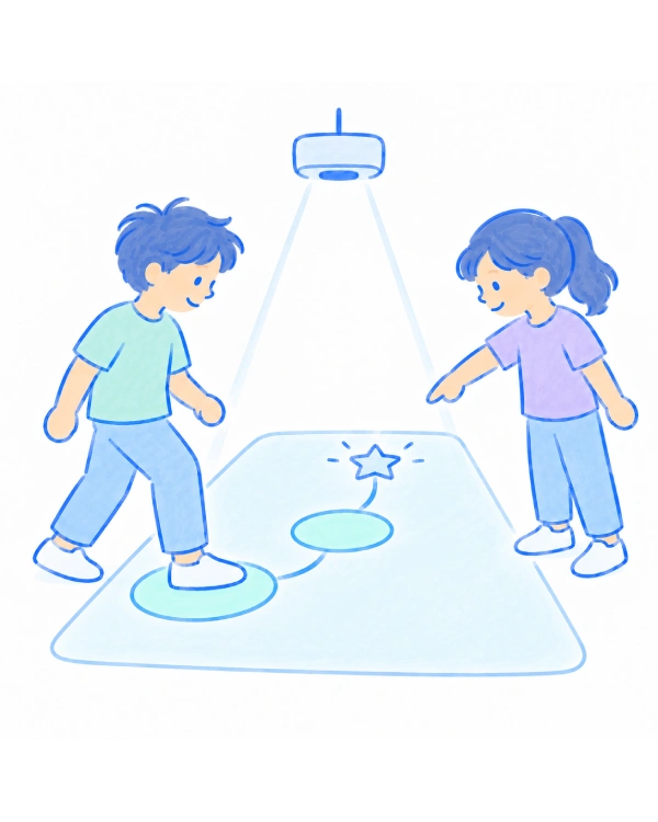 Two children following a shared projected path toward a star-shaped goal