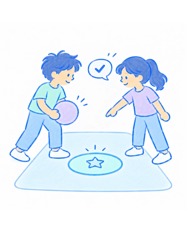 A child holding a ball while a partner points to their shared floor target