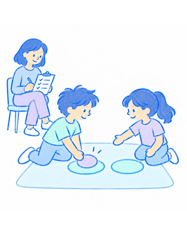 Two children completing a shared activity independently while a specialist observes and records progress